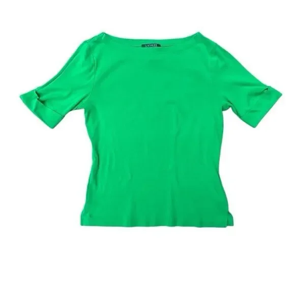 LAUREN RALPH LAUREN 100% Cotton Kelly Green boat neck T-shirt women’s XL - Picture 1 of 5
